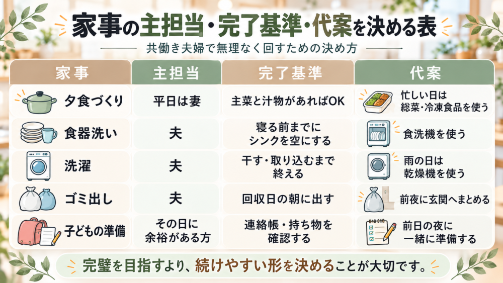 家事の主担当・完了基準・代案を決める表の図