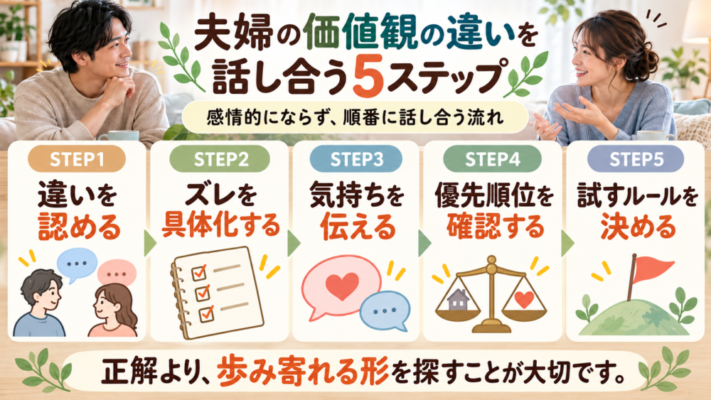 【夫婦の価値観の違いを話し合う5ステップ図を挿入】