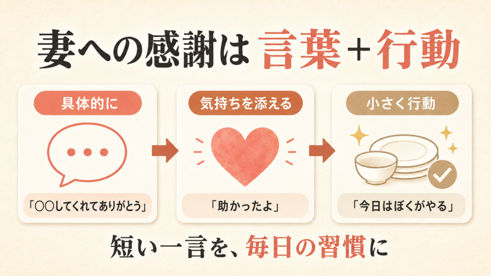 結論｜妻への感謝は「具体的な言葉＋行動」で伝えるを説明する画像