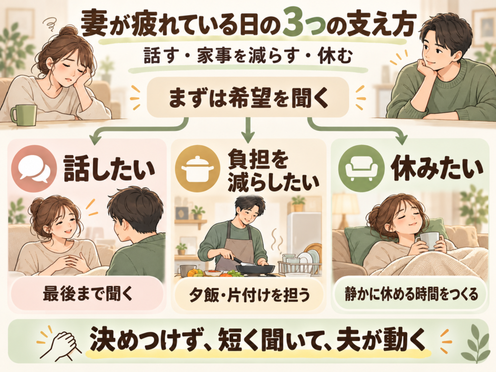【妻の希望に合わせて「話す・家事を減らす・休む」を選ぶ3ルート図】