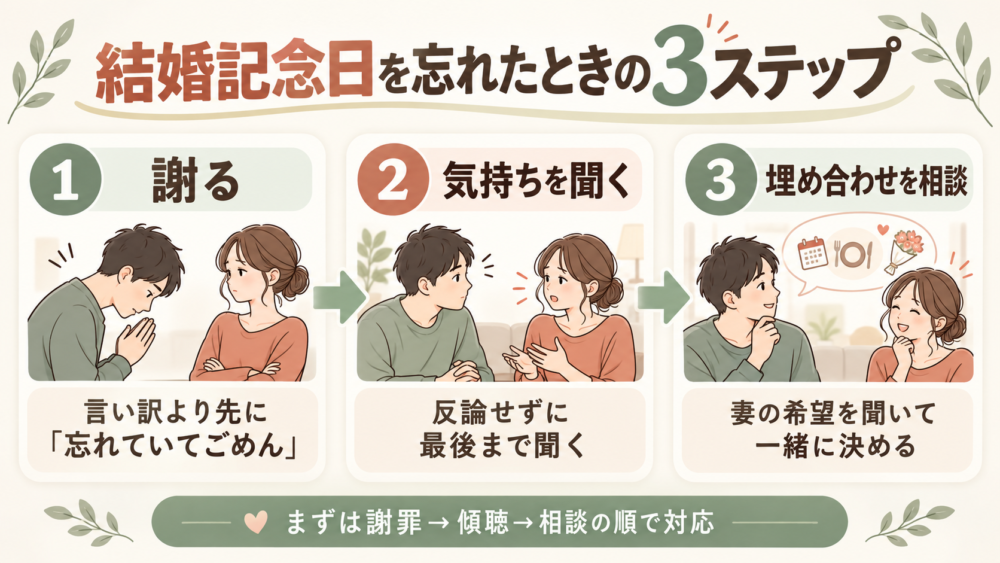 【謝罪から埋め合わせまでの3ステップ図】