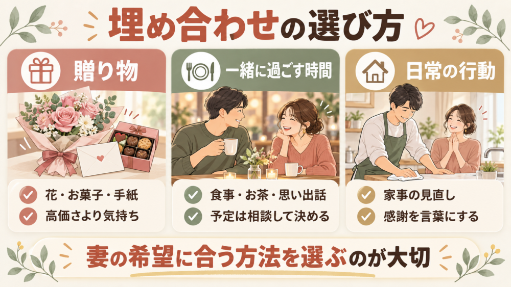 【埋め合わせの選び方・物/時間/日常の行動を整理する図】