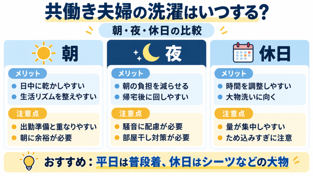 【朝・夜・休日の洗濯を比較する早見図】