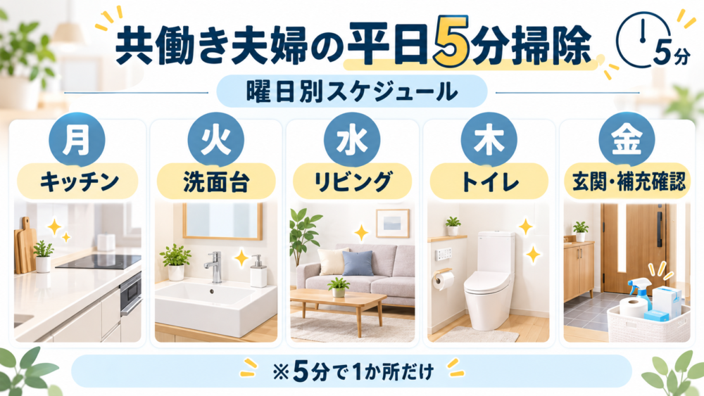 【共働き夫婦の平日5分掃除・曜日別スケジュール図】
