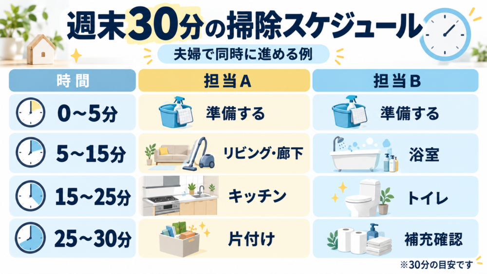 【週末30分の掃除を夫婦2人で同時に進めるタイムスケジュール図】