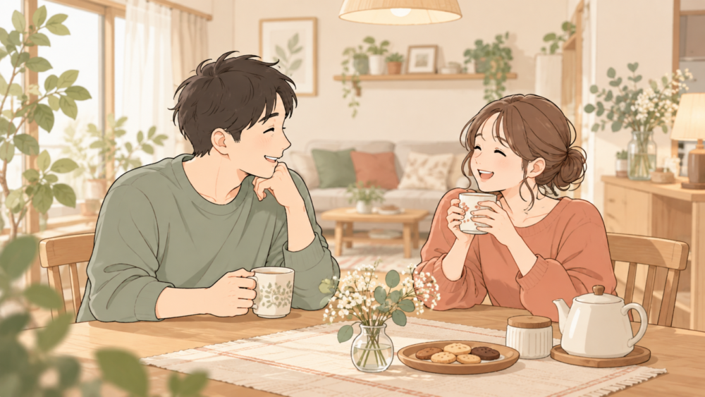 明るい部屋で、お茶を飲みながら笑顔で話す夫婦のイラスト