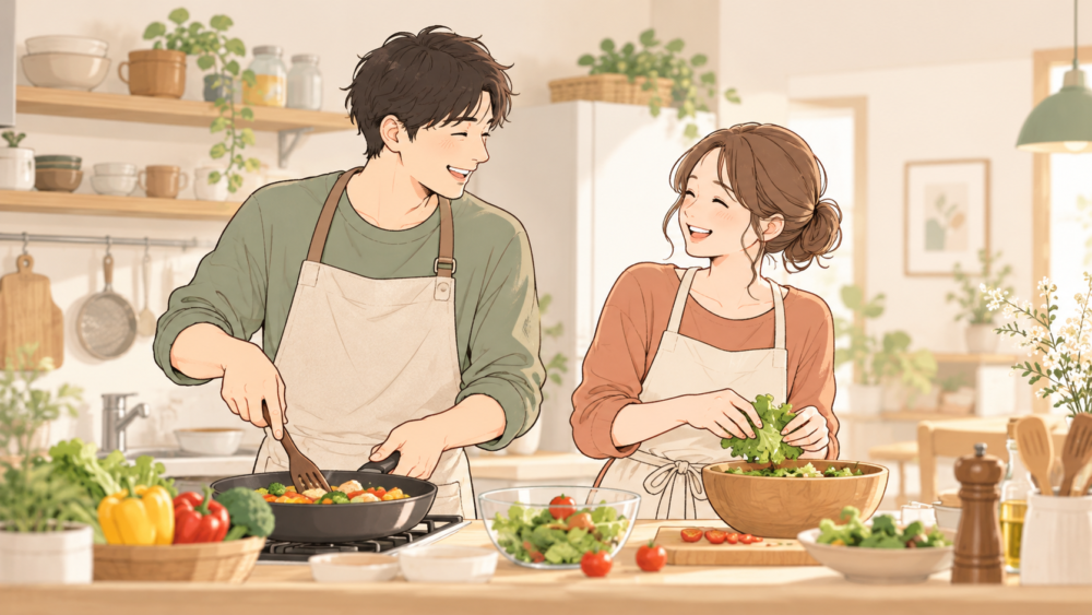 キッチンで会話をしながら、一緒に料理をする夫婦のイラスト