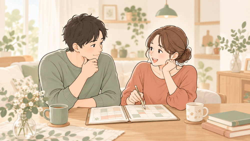 テーブルを囲み、ノートを開いて穏やかに話し合う夫婦のイラスト