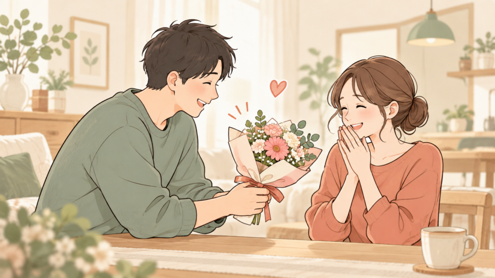 夫から妻へ、小さな花束を贈るイラスト
