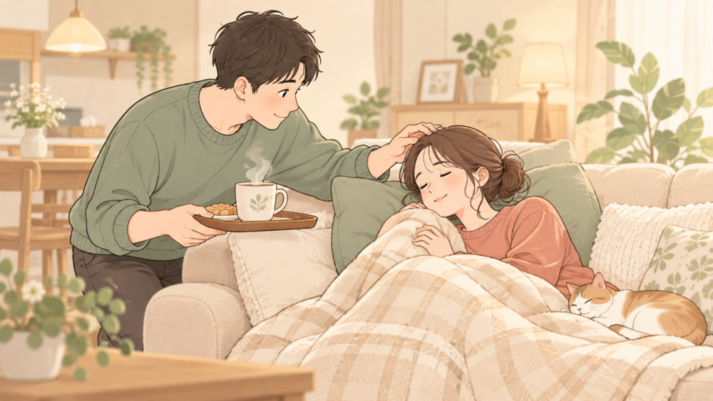 ソファで休む妻を、飲み物を持って気遣う夫のイラスト