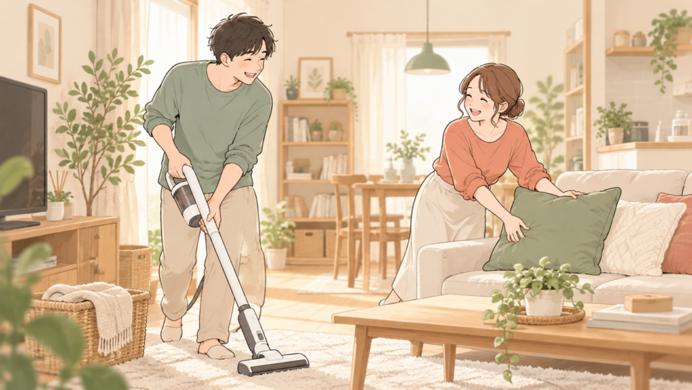 夫が掃除機をかけ、妻がソファを整えながら一緒に家事をするイラスト