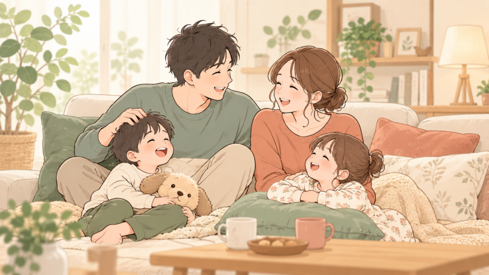 ソファで子どもたちと一緒に穏やかな時間を過ごす夫婦のイラスト