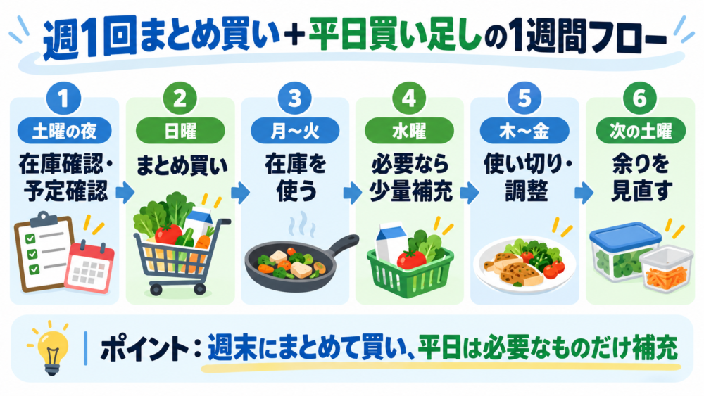 【週1回まとめ買い＋平日買い足しの1週間フロー図】