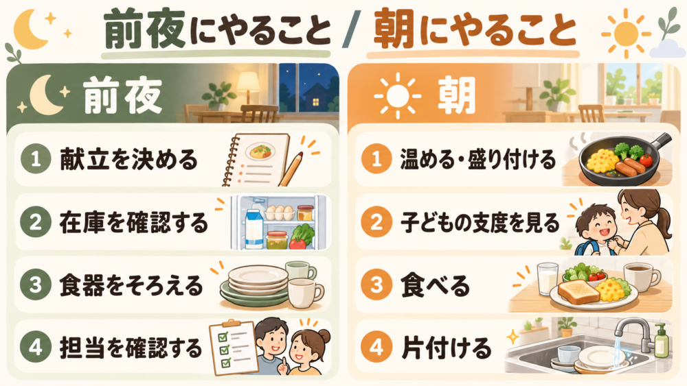 【夜に決めること/朝にすることを左右で分けたチェック図】
