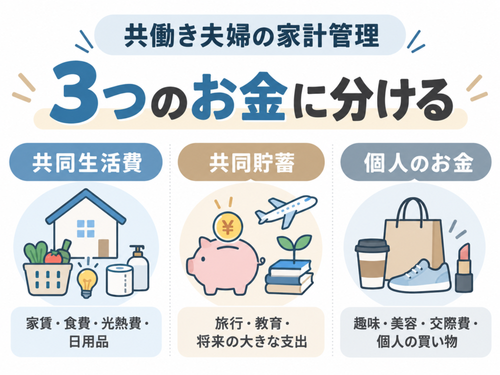 【共働き夫婦の家計管理を3つのお金に分ける図解】