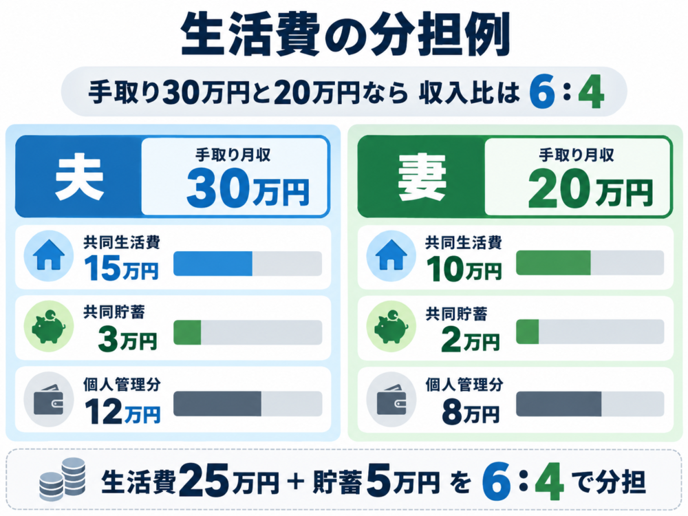 【手取り30万円と20万円の生活費・貯蓄分担の図解】