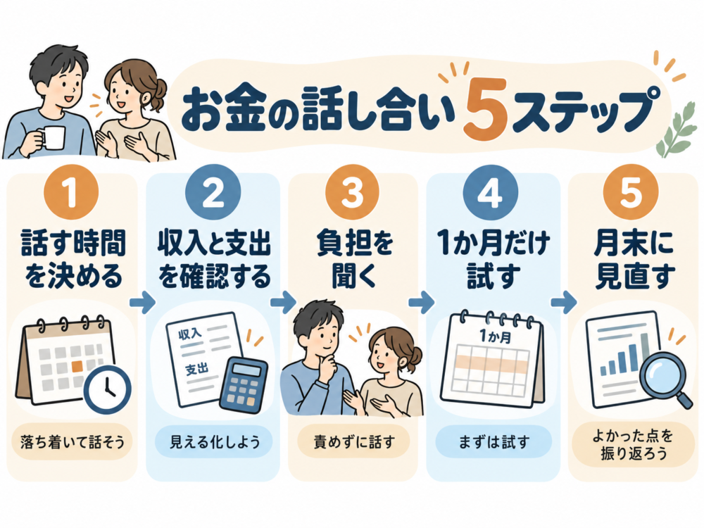【夫婦でお金を話し合う5ステップ図解】