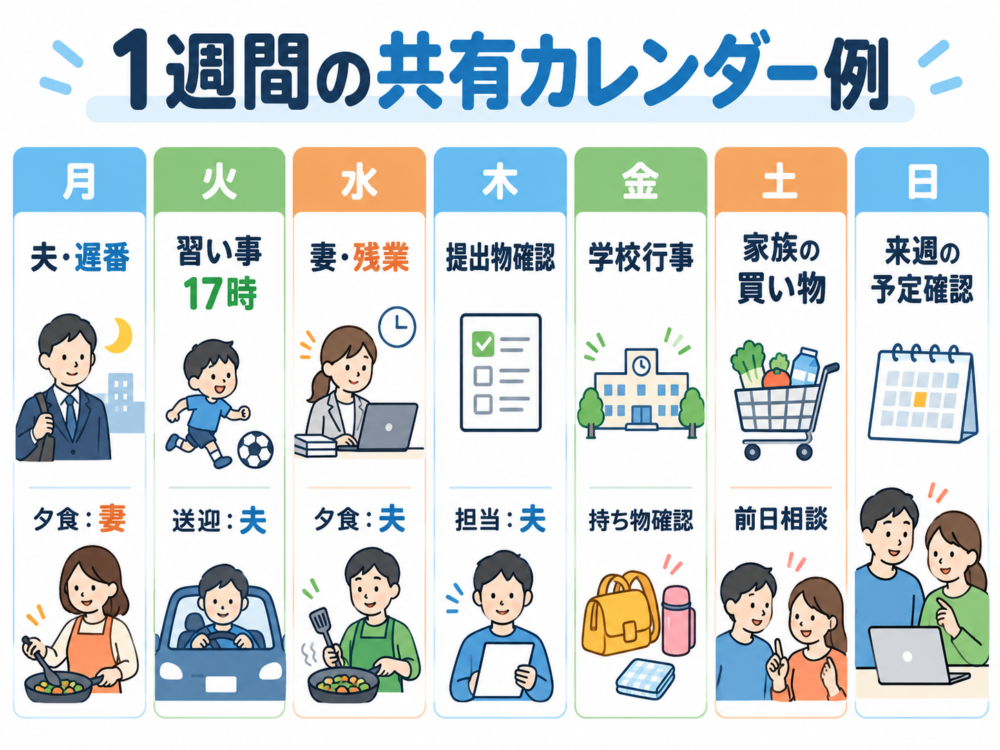 【共働き夫婦の1週間共有カレンダーの記入例】