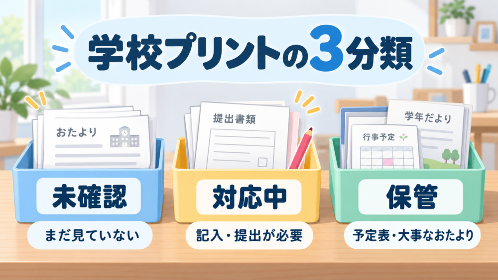 【学校プリントを未確認・対応中・保管の3つに分ける管理方法の図解】
