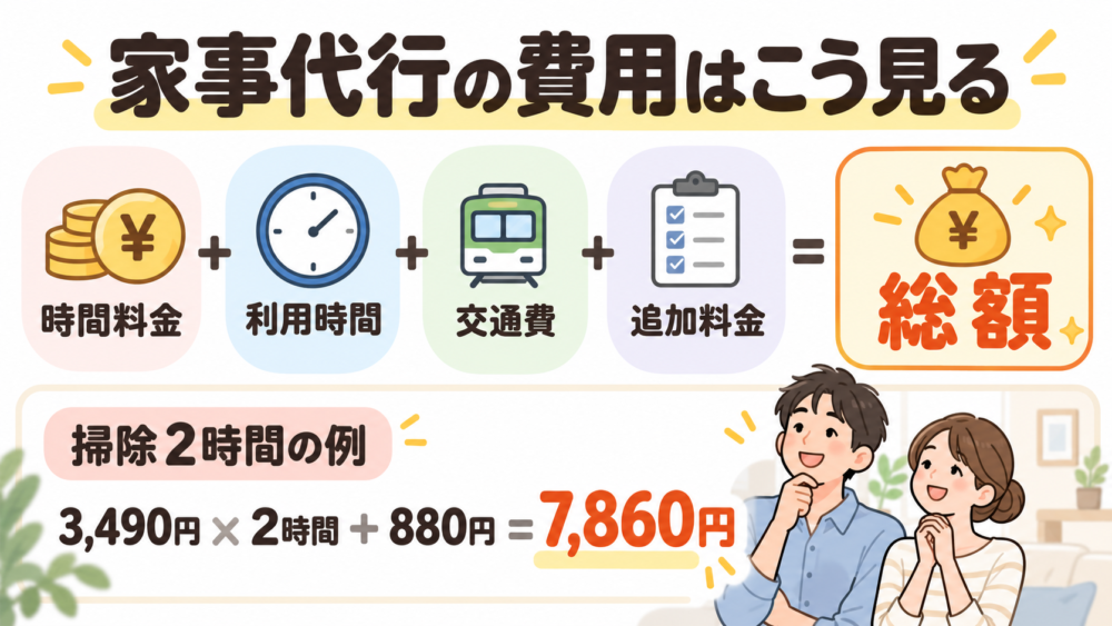 【家事代行の総額を確認する式（基本料金・交通費・追加料金）】