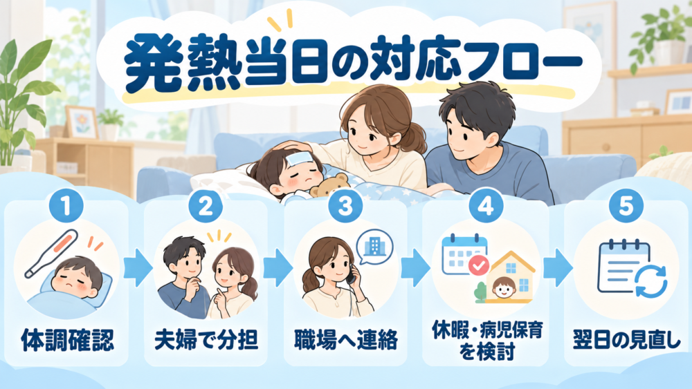 【発熱当日の対応から翌日の交代・支援利用までの判断フロー】
