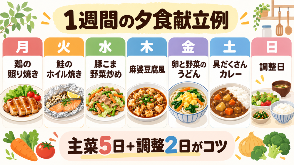 【月曜日から日曜日までの1週間の夕食献立をまとめた見やすい図解】