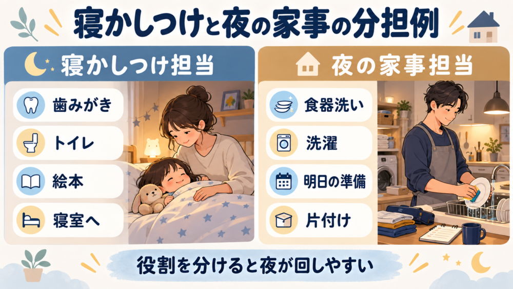 【寝かしつけ担当と夜の家事担当を夫婦で分担する図解】