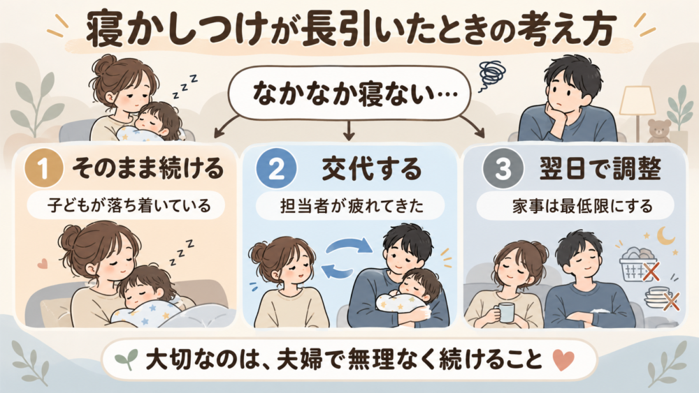 【寝かしつけが長引いたときの交代・継続・翌日調整の判断図】