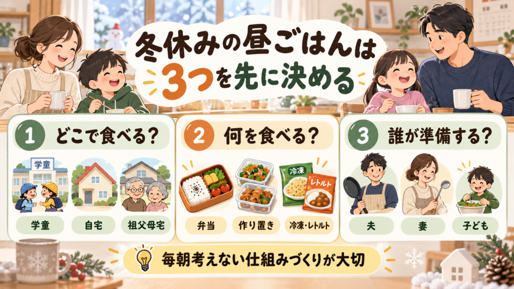 【冬休みの昼食準備を「居場所・メニュー・担当者」の3つで整理した図解】