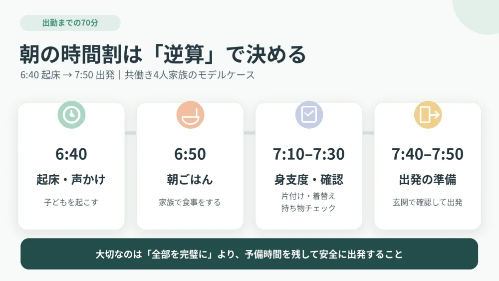 【共働き4人家族の朝70分タイムスケジュール図解】