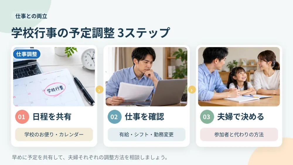 【夫婦が学校行事と仕事の予定を共有カレンダーで調整するイラスト】