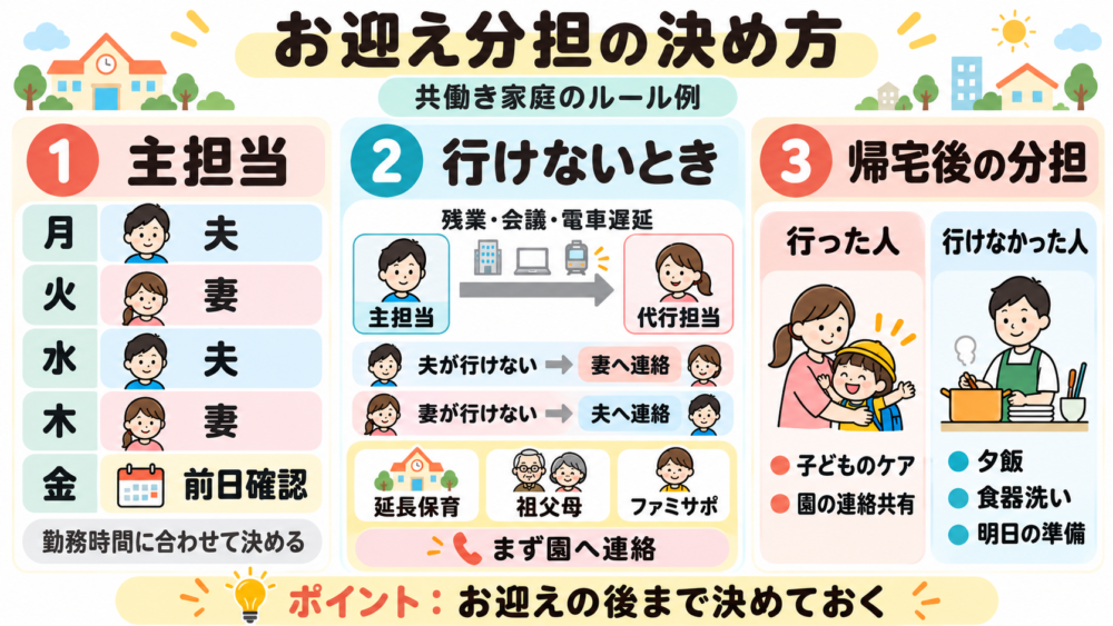 【お迎えの主担当・代行担当・帰宅後の家事分担を決める図解】