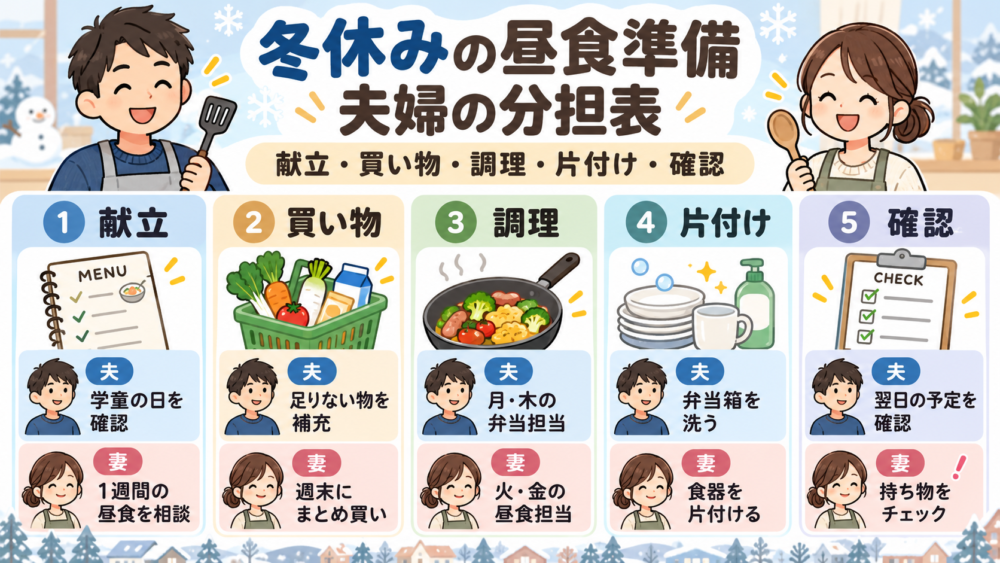 【冬休みの昼食準備を「献立・買い物・調理・片付け・確認」に分けた夫婦の担当表の図解】